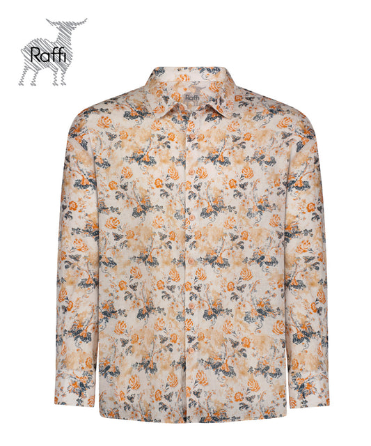 Floral Printed Linen Shirt in Tangelo