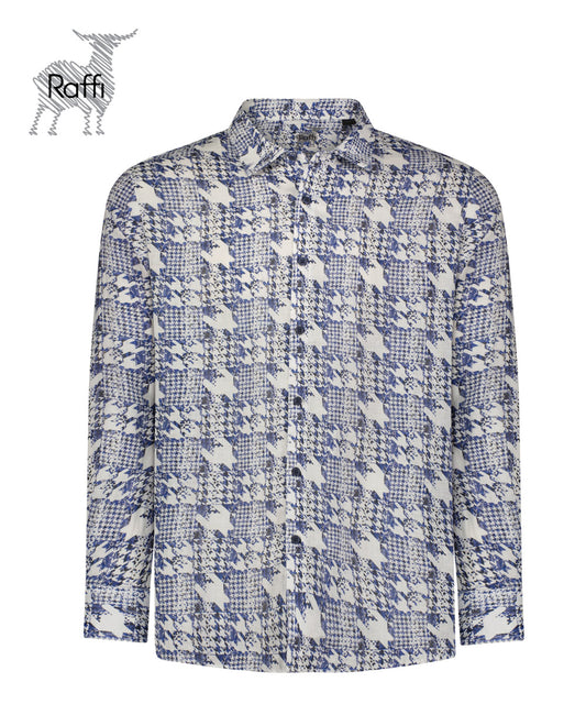 Houndstooth Print Linen Shirt in Blue