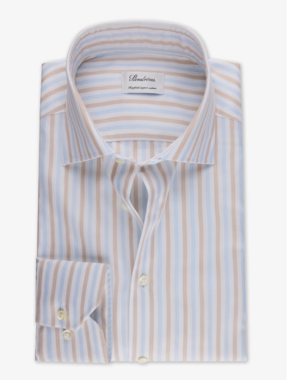 Fitted Body Stripe Dress Shirt in Blue and Tan