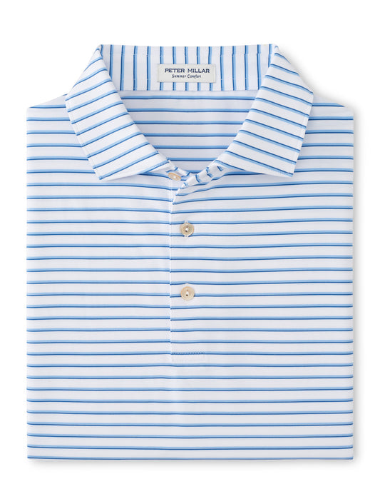 Peter Millar Dunnes Stripe Performance Jersey Polo in White Cottage Blue