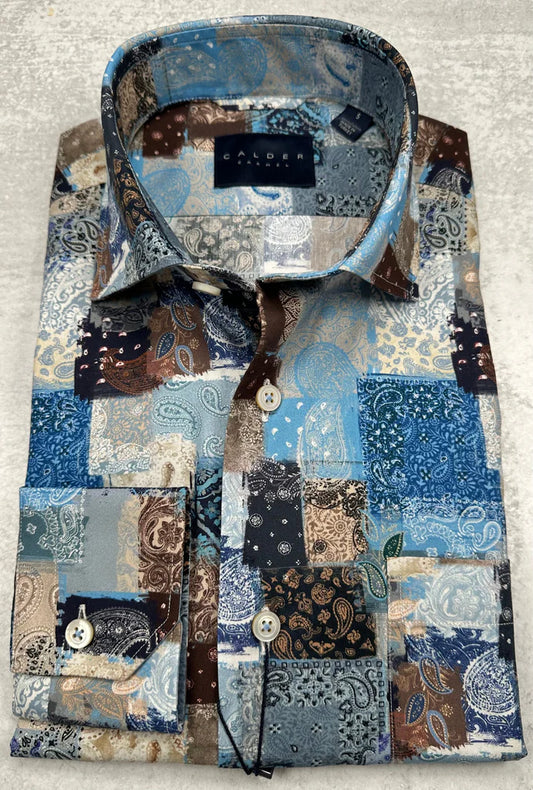 Calder Luxury Italian Print Poplin Shirt in Cadet