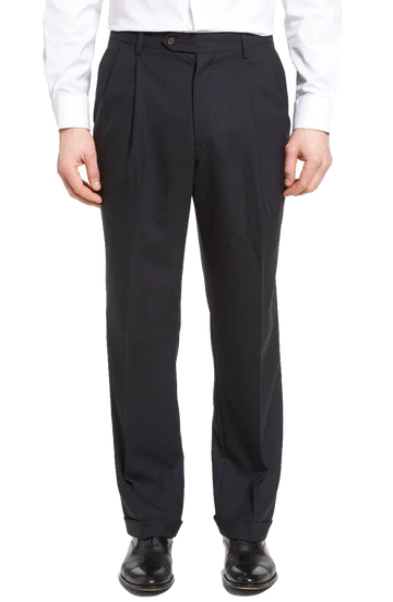 Wool Self Size Pleated Trouser in Navy