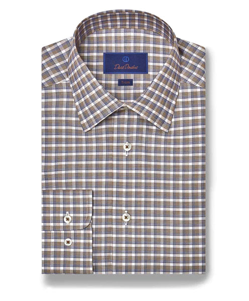 Trim Fit Twill Check Dress Shirt in Chocolate