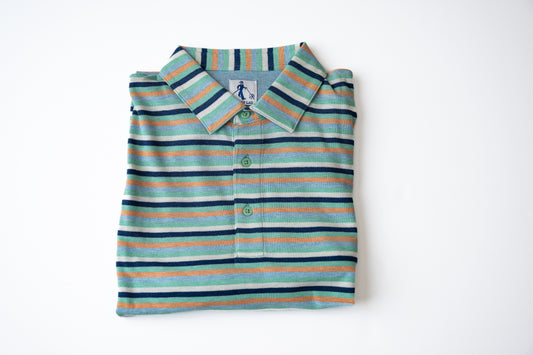Shelby Pique Stripe Performance Polo in Blue and Orange