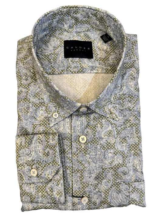 Calder Luxury Italian Printed Twill Shirt in Olive