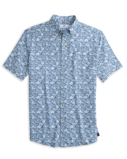 Caps Off Linen Rayon Short Sleeve Shirt in Coronet Blue
