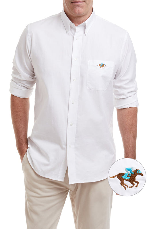 Oxford Button Down Racing Horse Shirt in White