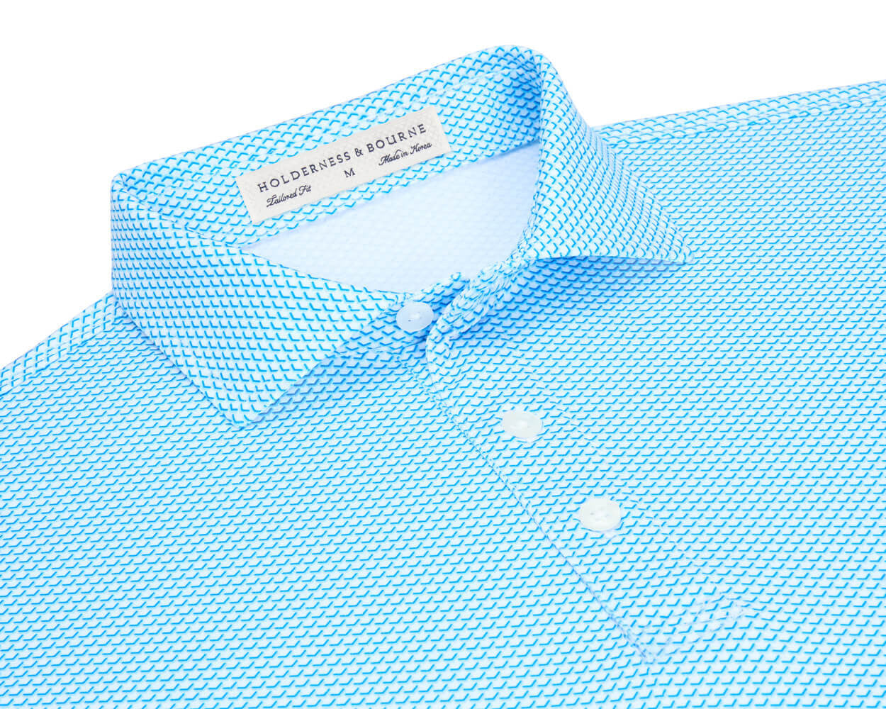 Holderness & Bourne Davenport Print Performance Knit Polo in Skye and Marlin Blue