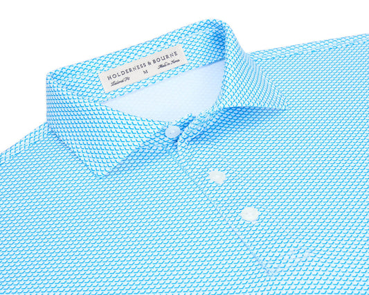 Holderness & Bourne Davenport Print Performance Knit Polo in Skye and Marlin Blue