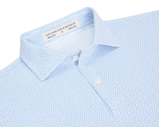 Holderness & Bourne Hall Stretch Jersey Performance Polo in White and Marlin Blue