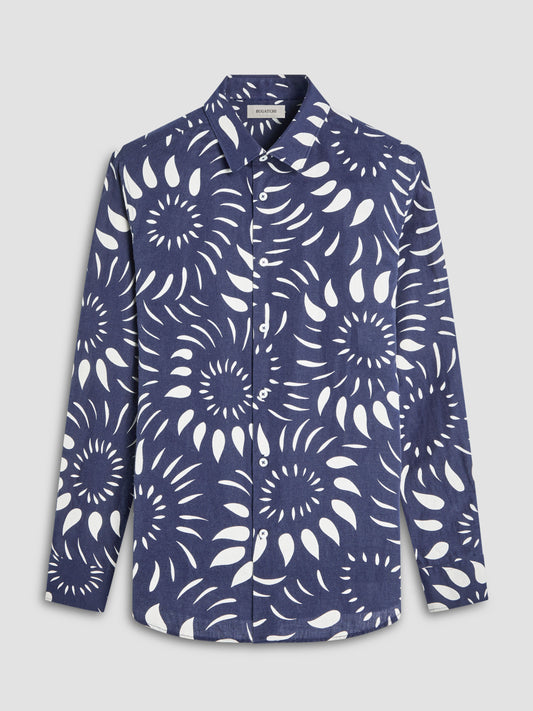 Bugatchi Julian Shaped Fit Linen Shirt in Navy