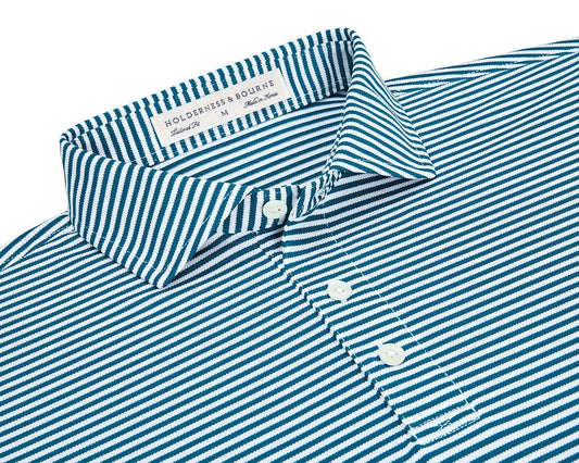 Holderness & Bourne Maxwell Performance Stripe Polo in Deep Teal and White