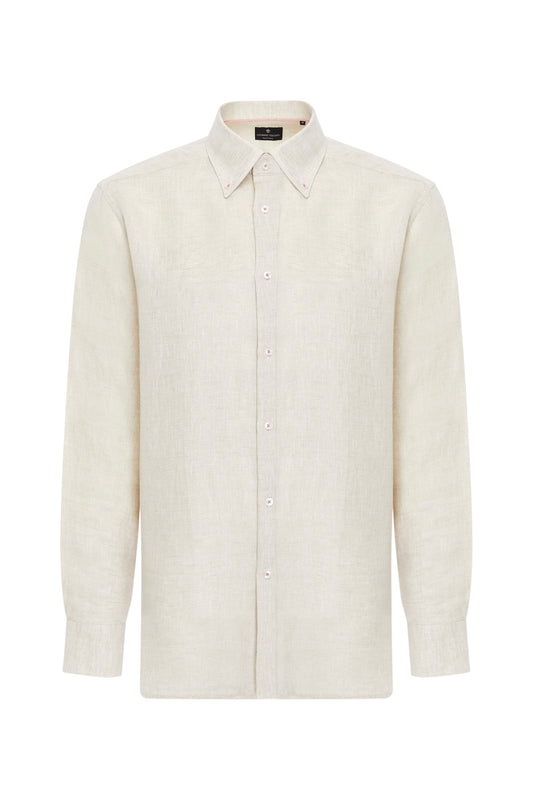Linen Zeya Collar Linen Button Down Shirt in Beige